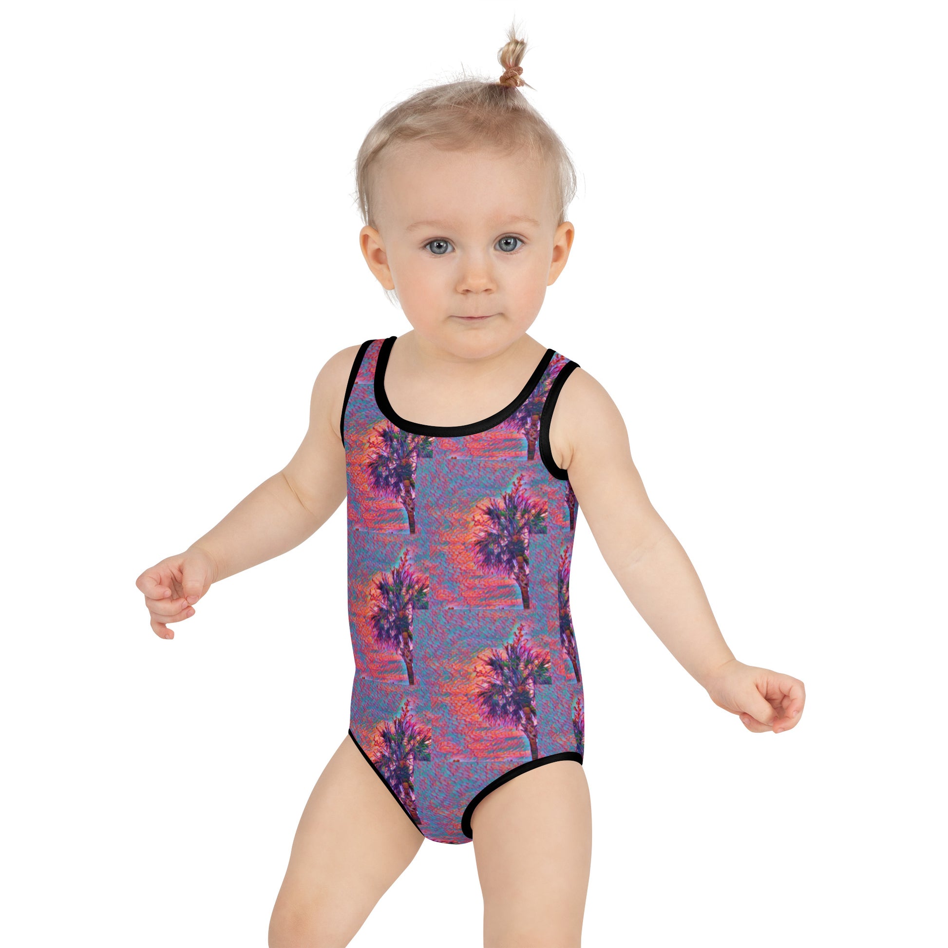 Blue Palms All-Over Print  Girls Kids Swimsuit with Sun Protection - A. Mandaline Art