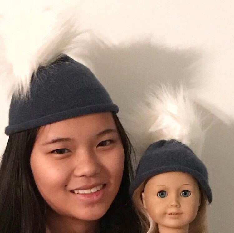 Fur Pom Pom Hats, Matching Hats, Girl + Doll Hats, Cashmere Hats, Winter Hats, Faux Fur Pom Poms, American Girl Doll Clothes, 18 inch Doll - A. Mandaline Art