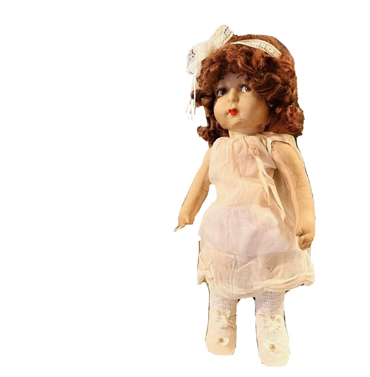Antique Gre Poir 17” Doll, French, Pressed Cloth, 1920s, Auburn Hair, Brown Eyes, Rare - A. Mandaline Art