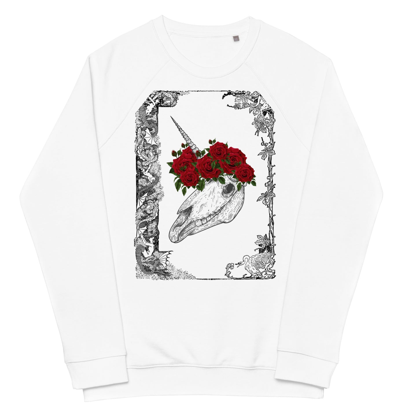 Mari Lwyd Unicorn Unisex organic raglan sweatshirt - A. Mandaline Art