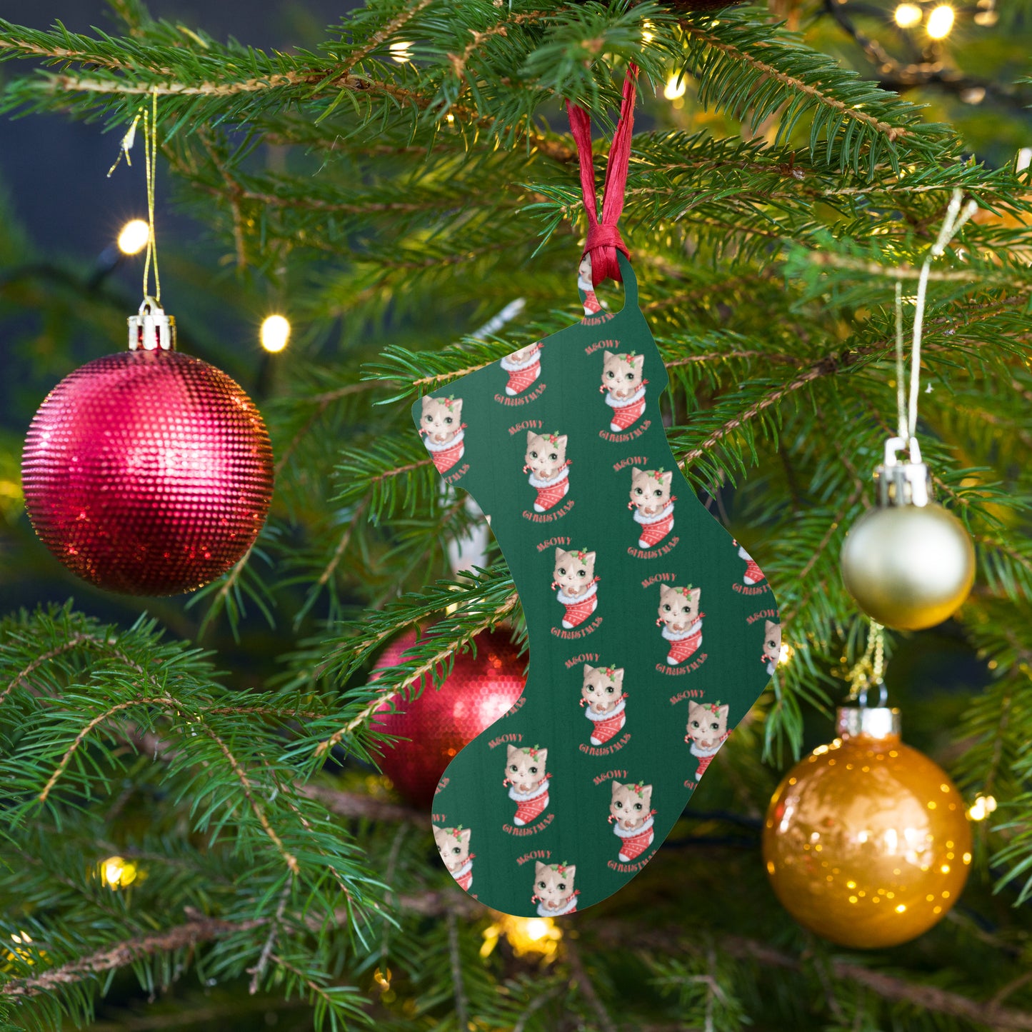 Meowy Christmas Green Magnetic Wooden ornaments Kitten Stocking